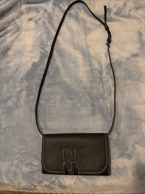 DKNY Black Pebbled Leather Crossbody with Embossed Logo